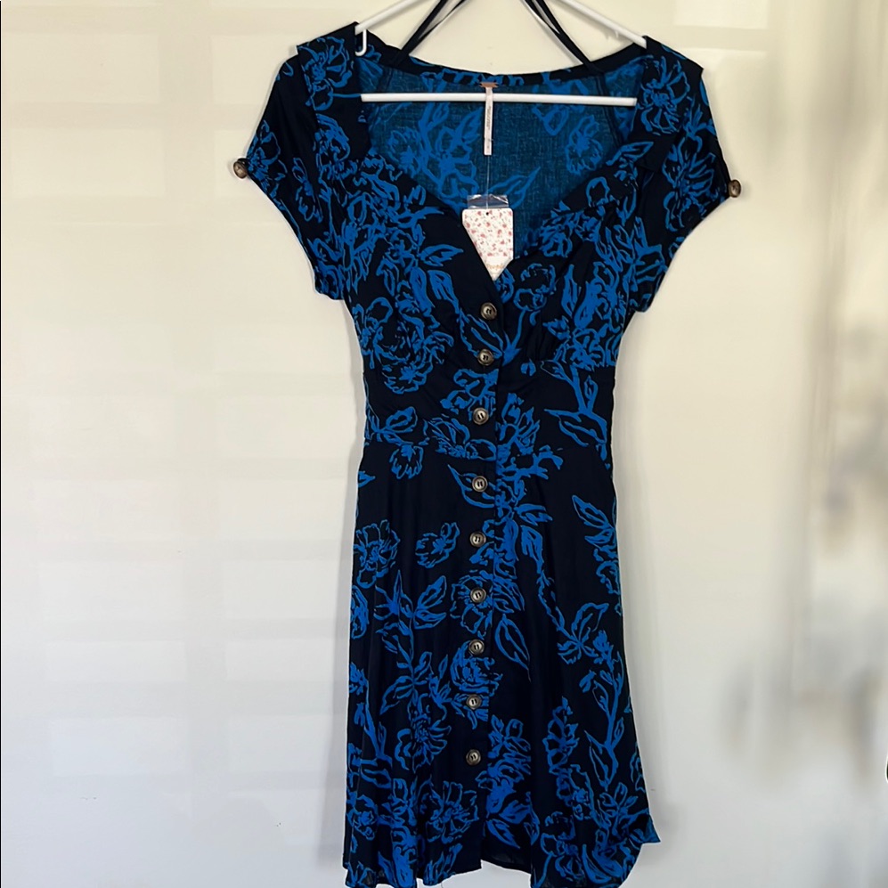 Free People Black Dress With Bright Blue Floral Print Midi